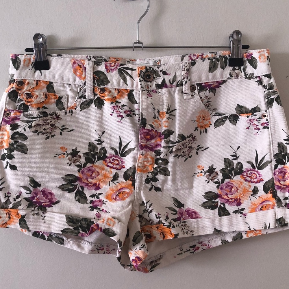 Forever 21 White Floral Denim Shorts
